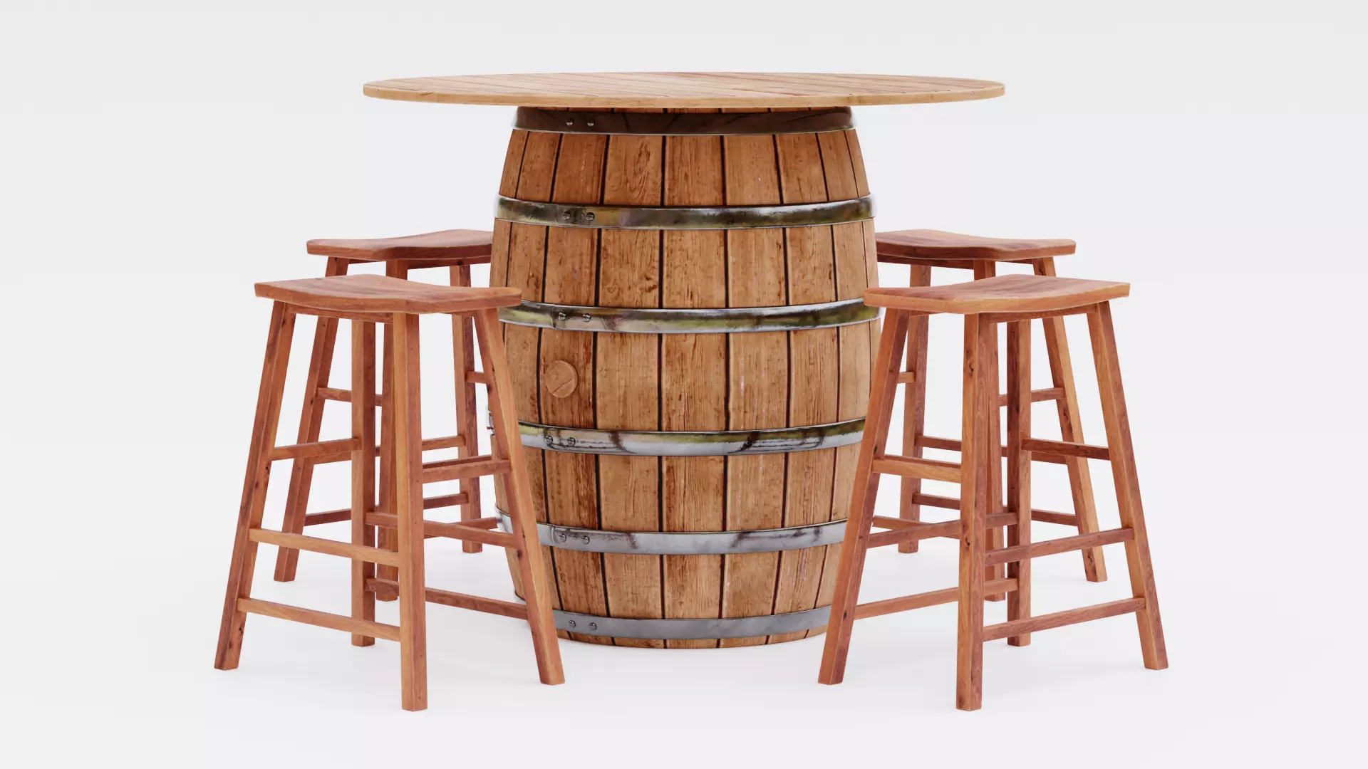 Barrel Table with Stools Low-poly 3D model_1