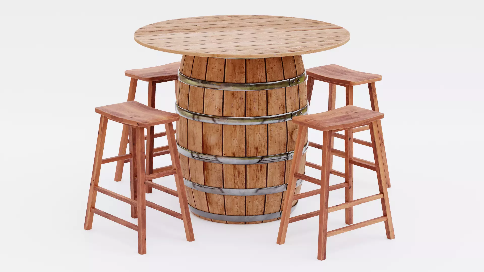 Barrel Table with Stools Low-poly 3D model_0