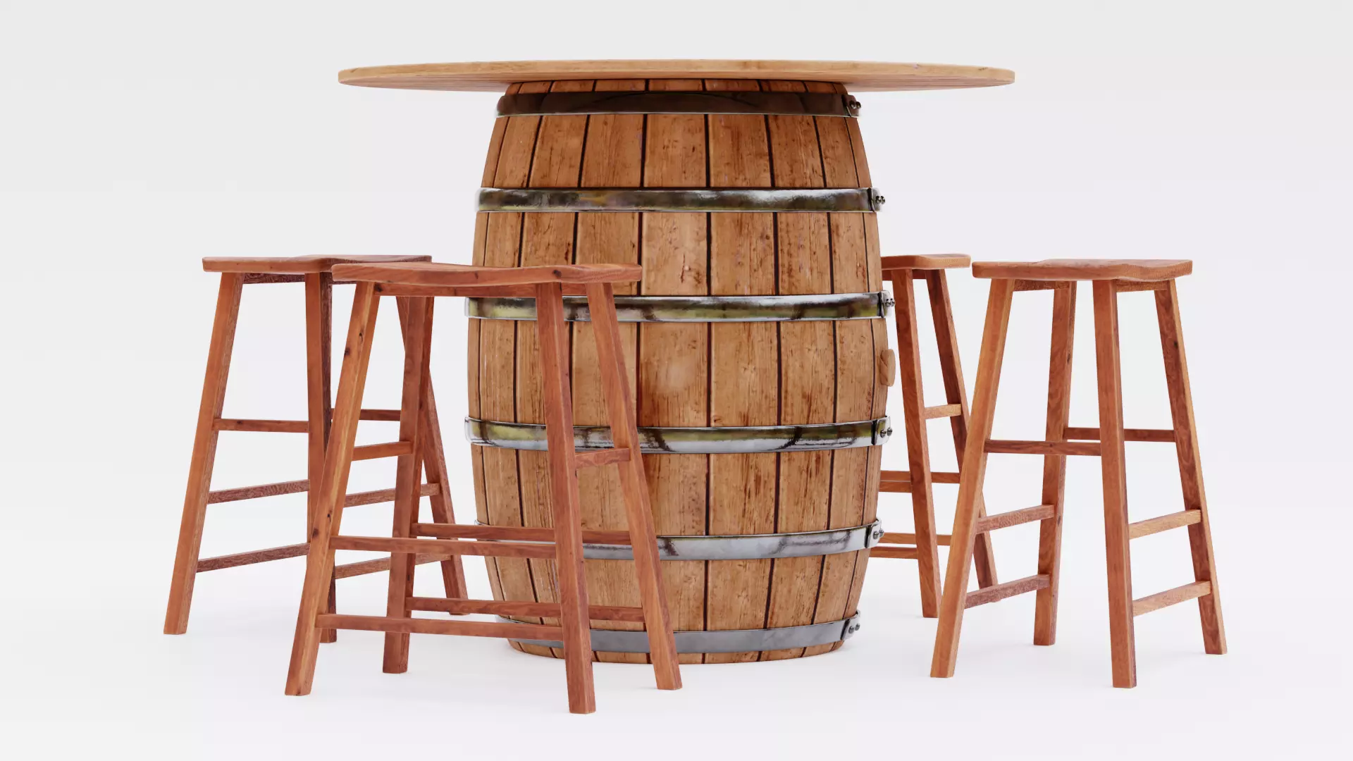 Barrel Table with Stools Low-poly 3D model_2