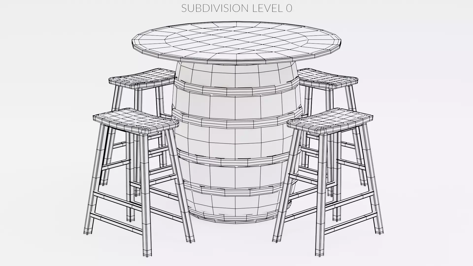 Barrel Table with Stools Low-poly 3D model_7