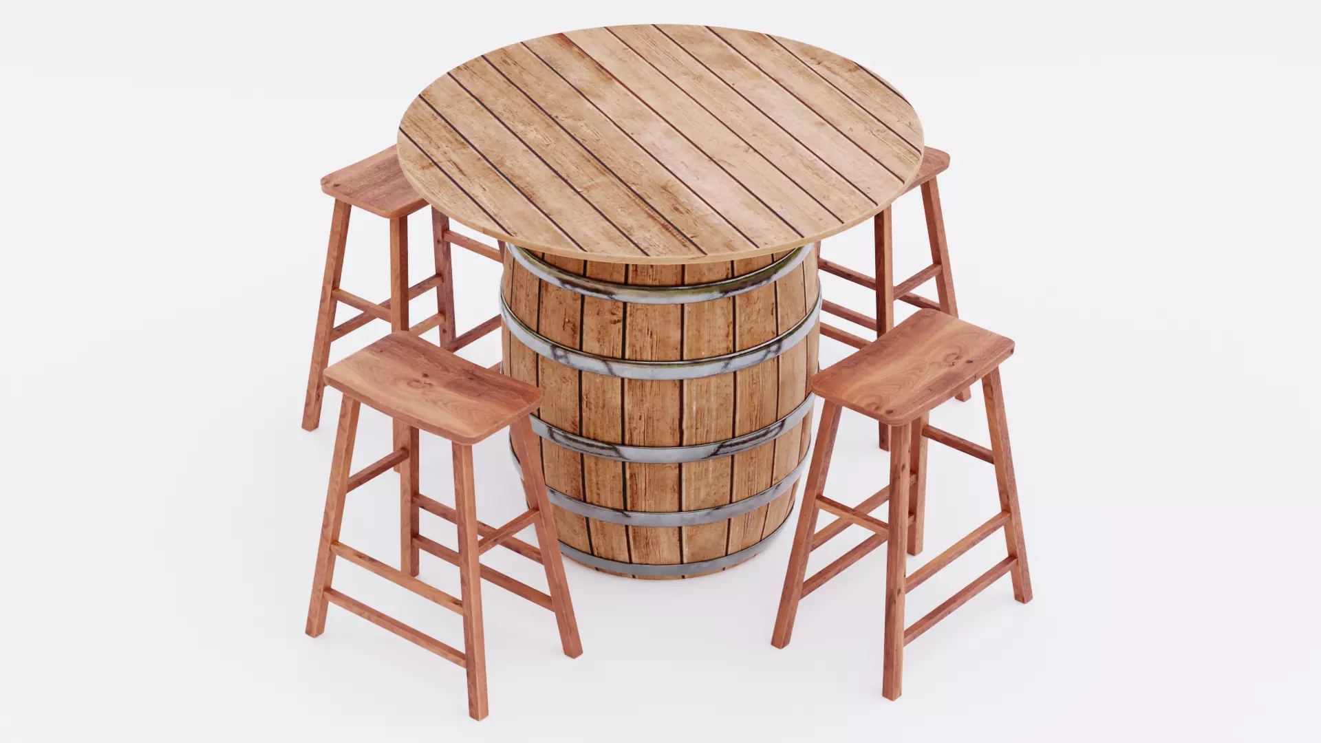 Barrel Table with Stools Low-poly 3D model_3