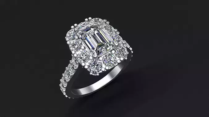 Emerald Cut Diamond Halo Ring 3D Model
