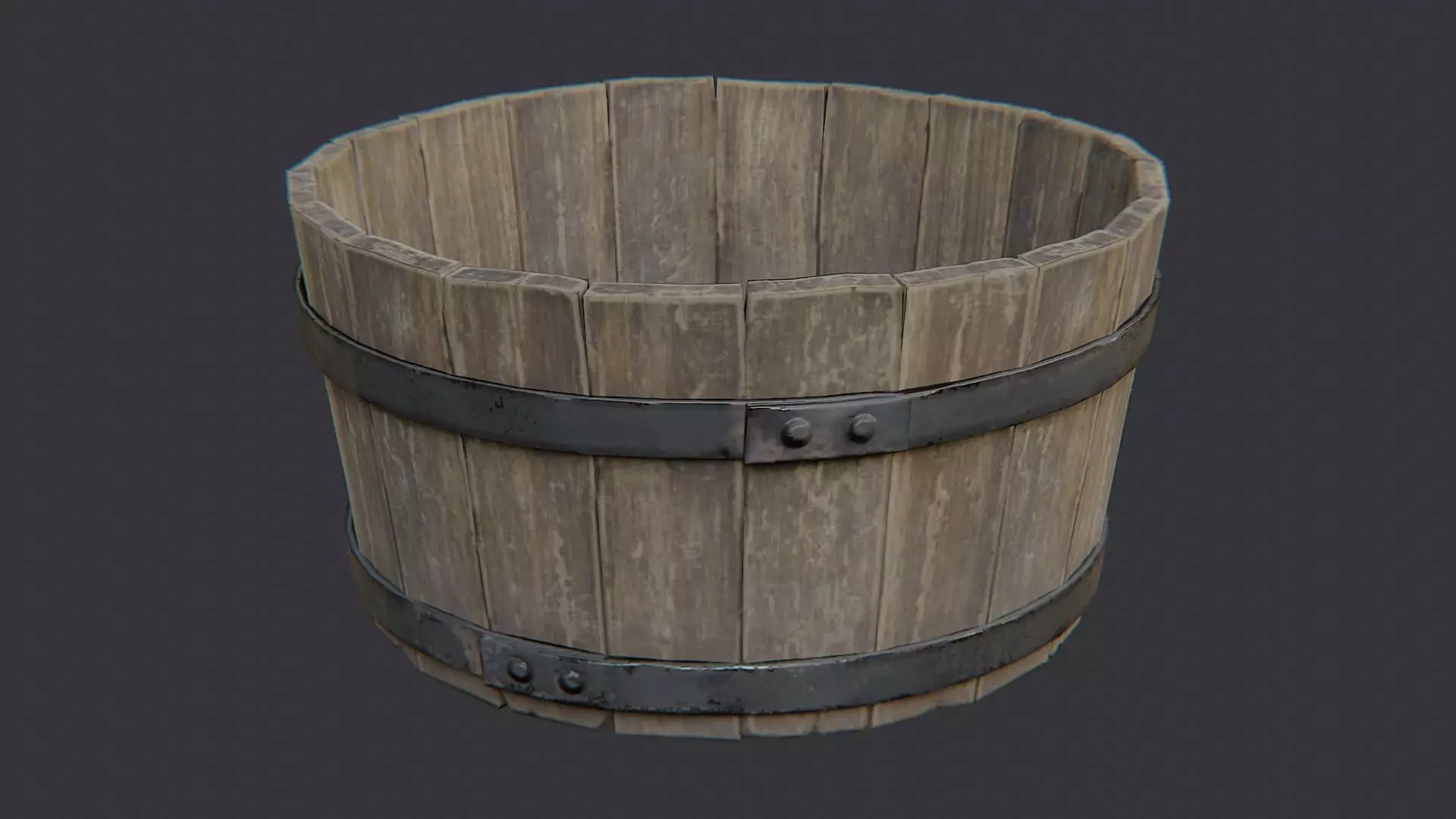 Rustic Wooden Barrel with Metal Bands Low-poly 3D model_0