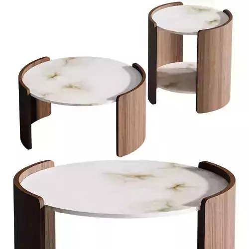 Compact table set with oak veneer and stone tops