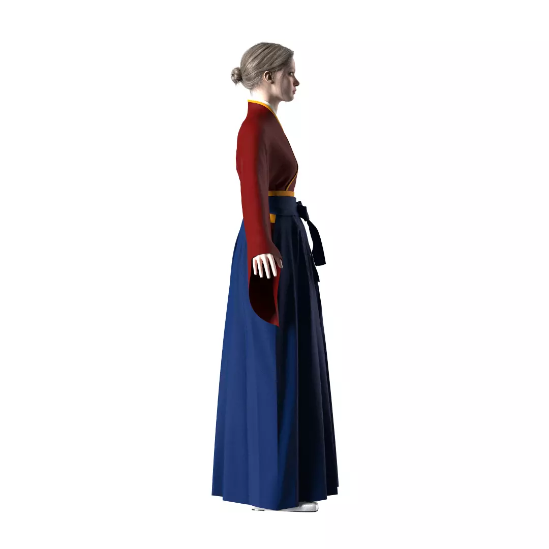 Female Hakama Traditional Japanese Attire White and Red 3D model_7