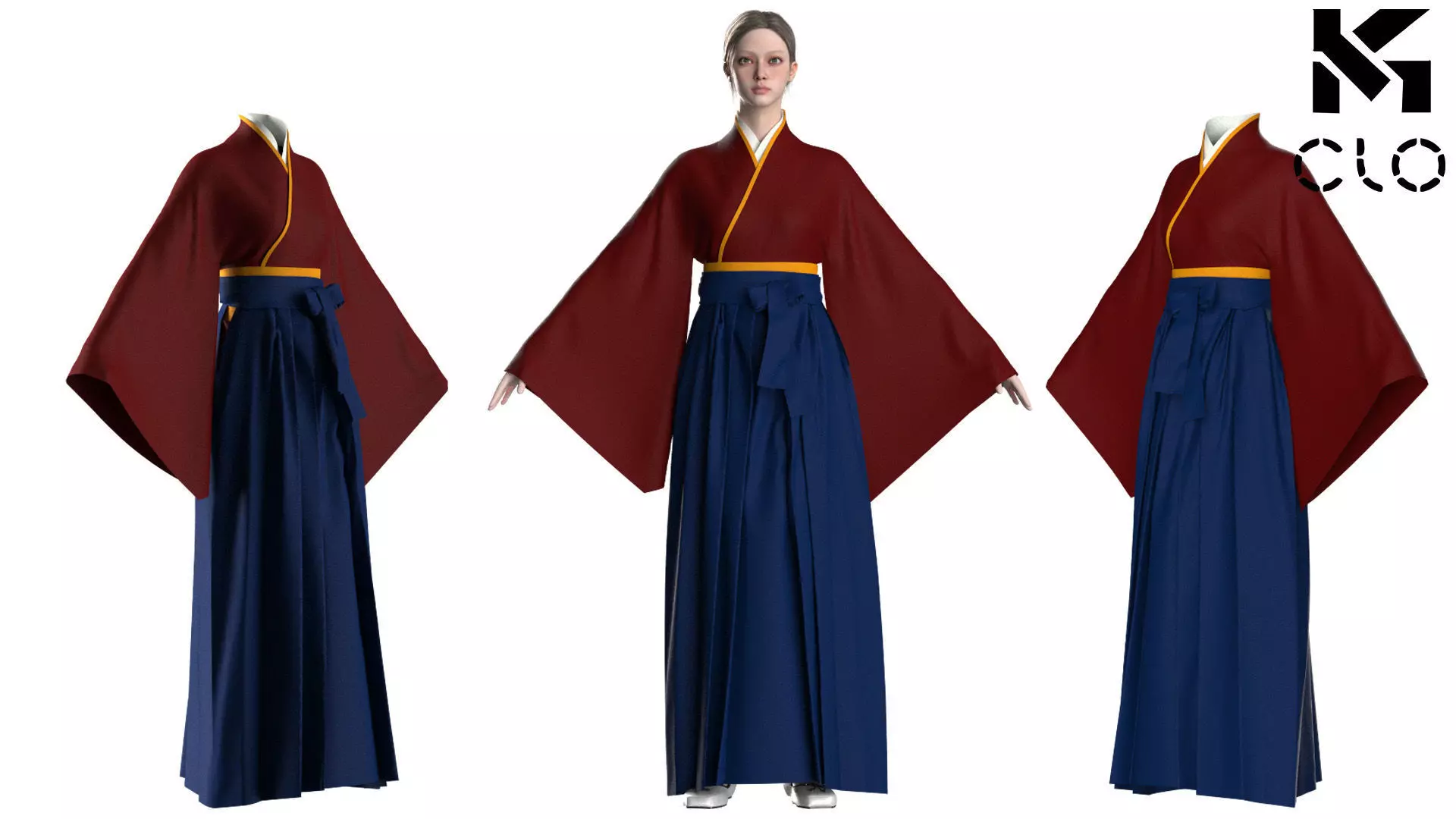 Female Hakama Traditional Japanese Attire White and Red 3D model_0