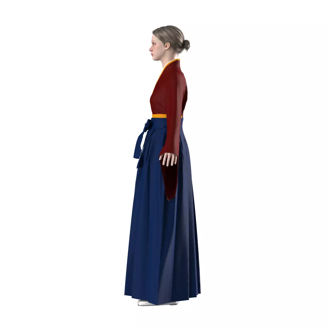 Female Hakama Traditional Japanese Attire White and Red 3D model_8