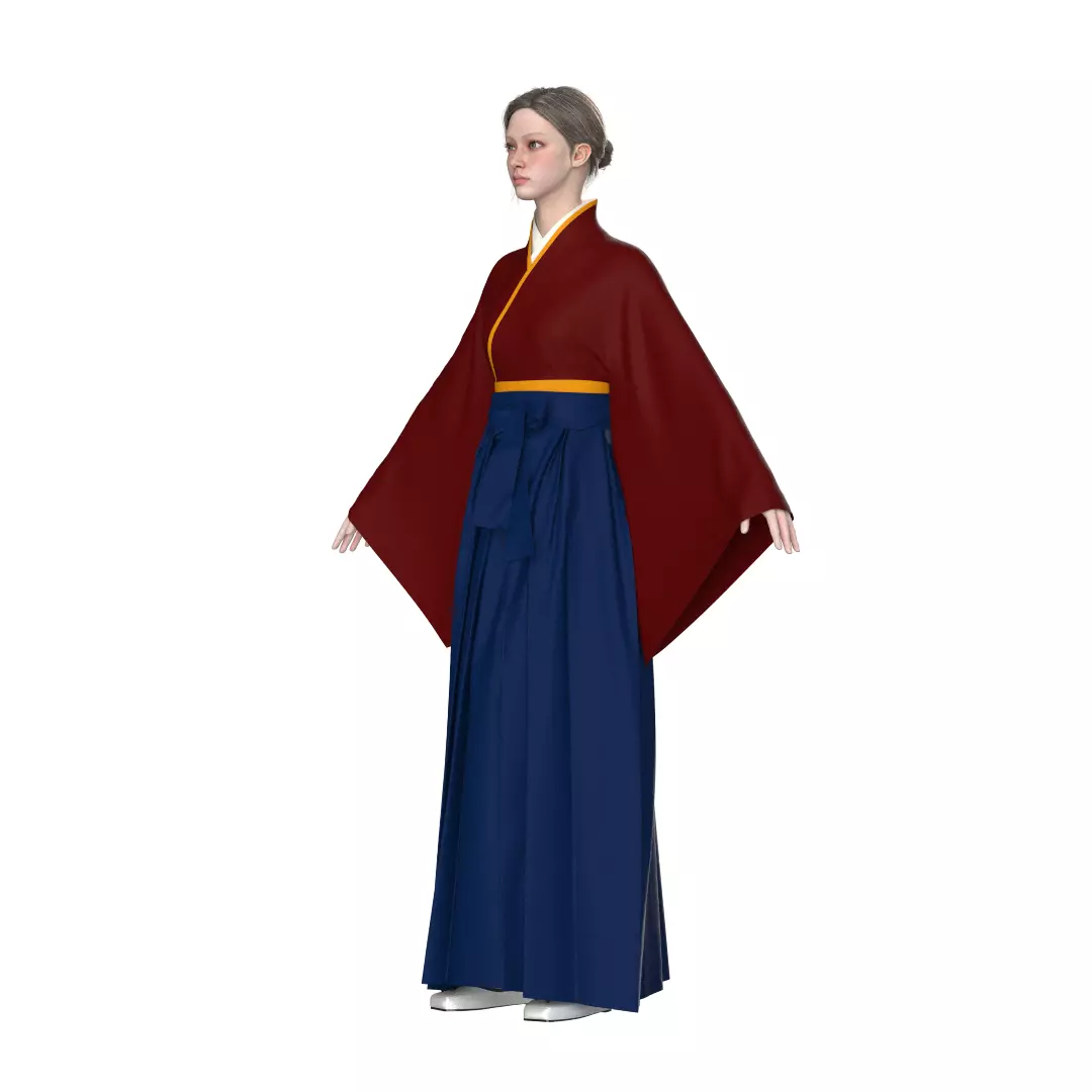Female Hakama Traditional Japanese Attire White and Red 3D model_6