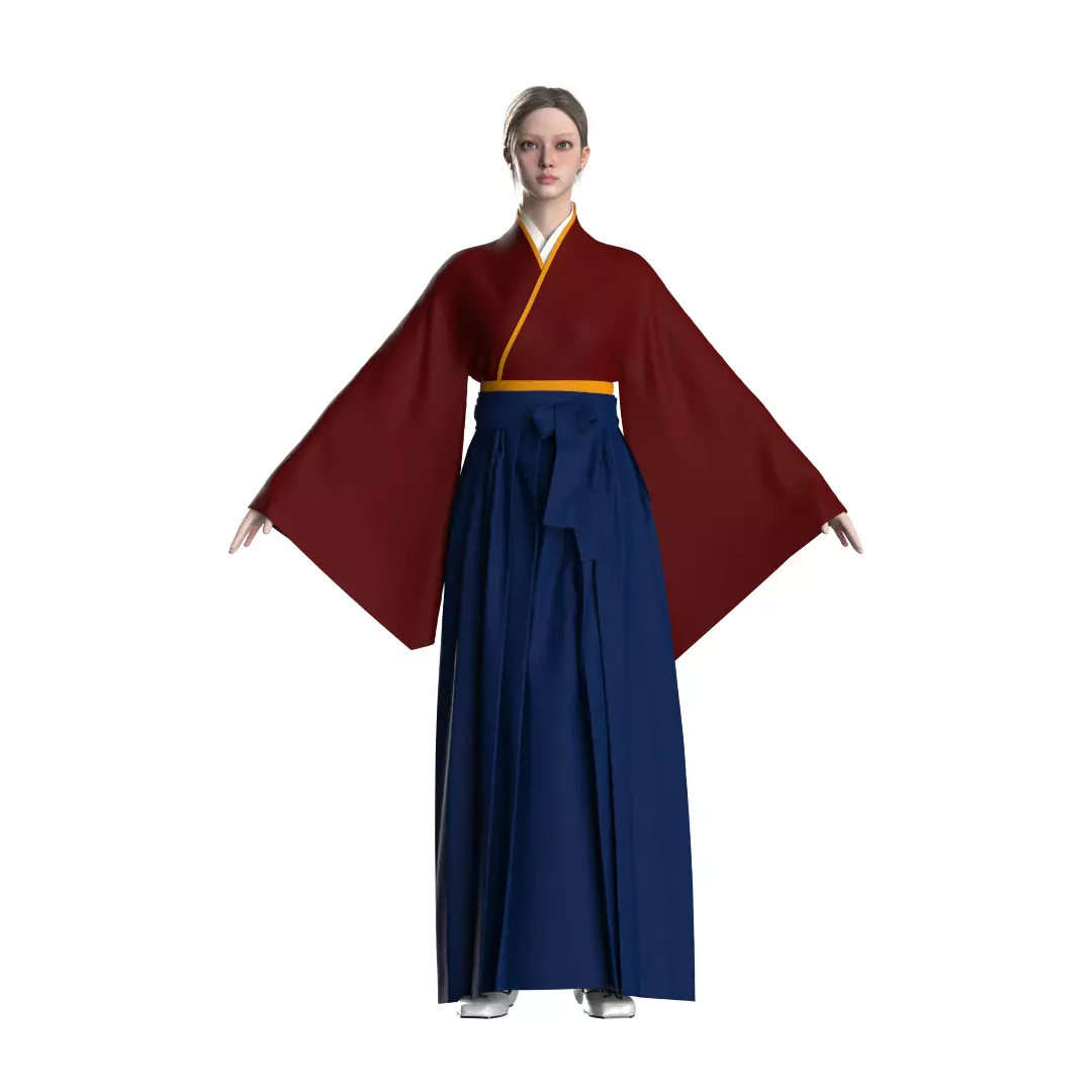 Female Hakama Traditional Japanese Attire White and Red 3D model_5