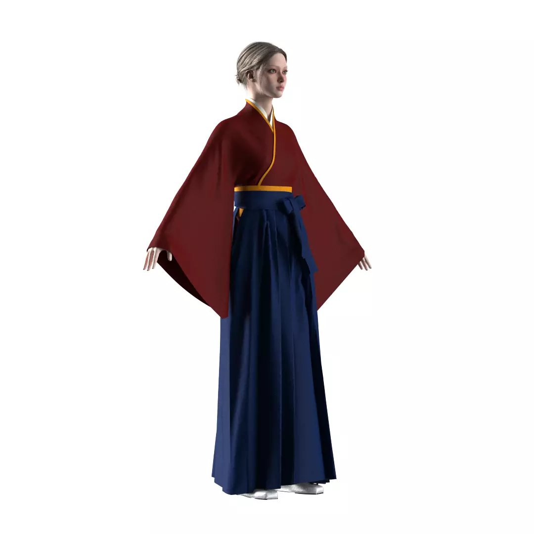 Female Hakama Traditional Japanese Attire White and Red 3D model_1