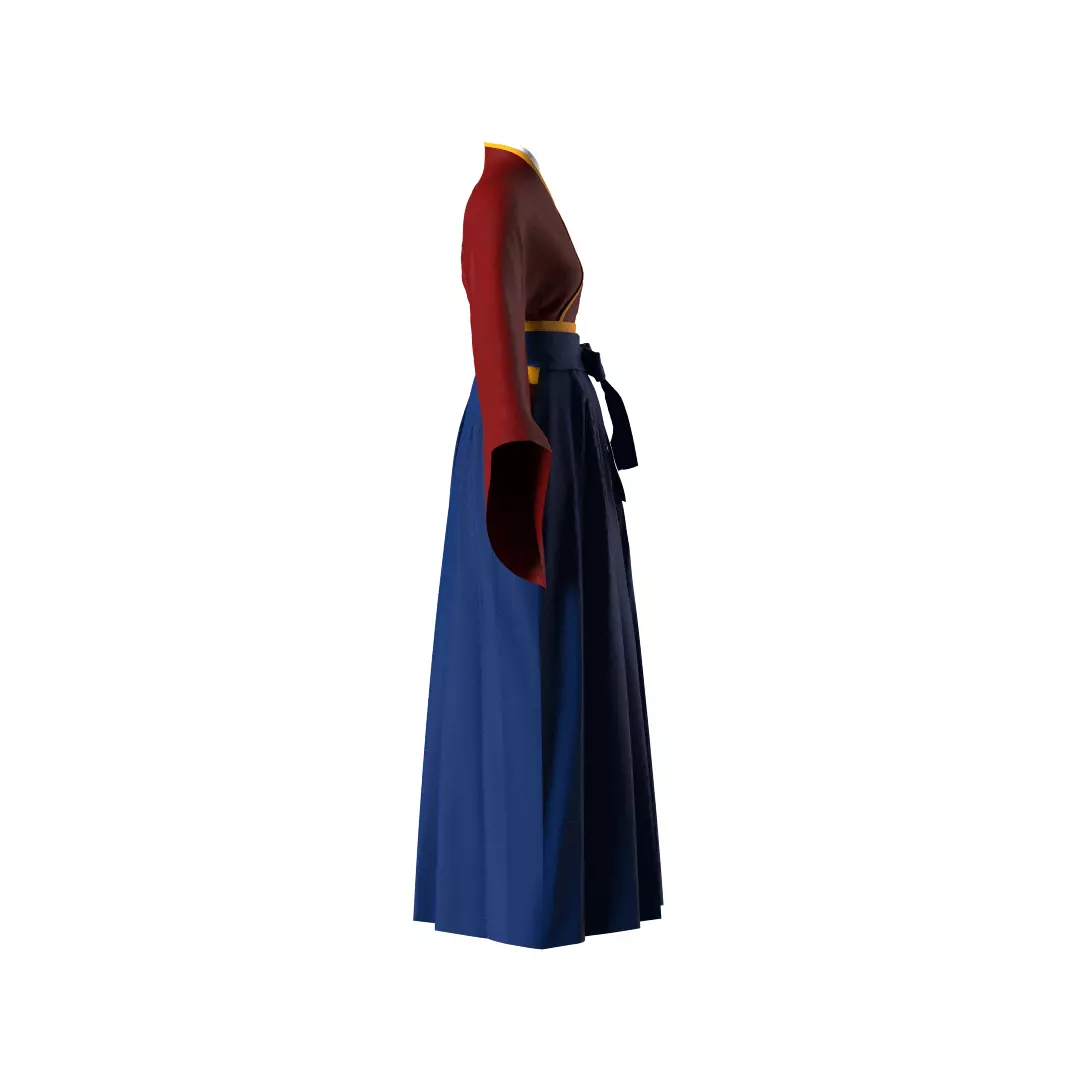 Female Hakama Traditional Japanese Attire White and Red 3D model_2