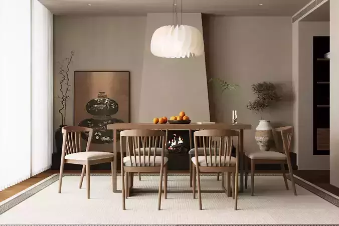 The dining table and chairs in the picture are of wooden style