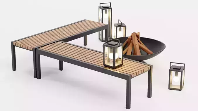 Garden Setup V1 - Minimalist Seating with Fire Pit and Lanterns Low-poly 3D model 5