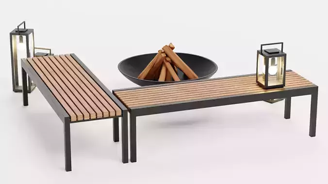 Garden Setup V1 - Minimalist Seating with Fire Pit and Lanterns Low-poly 3D model 6