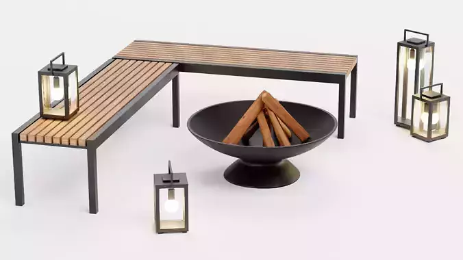 Garden Setup V1 - Minimalist Seating with Fire Pit and Lanterns Low-poly 3D model 4