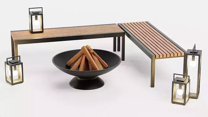 Garden Setup V1 - Minimalist Seating with Fire Pit and Lanterns Low-poly 3D model 2