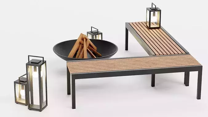Garden Setup V1 - Minimalist Seating with Fire Pit and Lanterns Low-poly 3D model 7