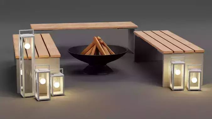 Garden Setup V2 - Modern Seating with Fire Pit and Lanterns