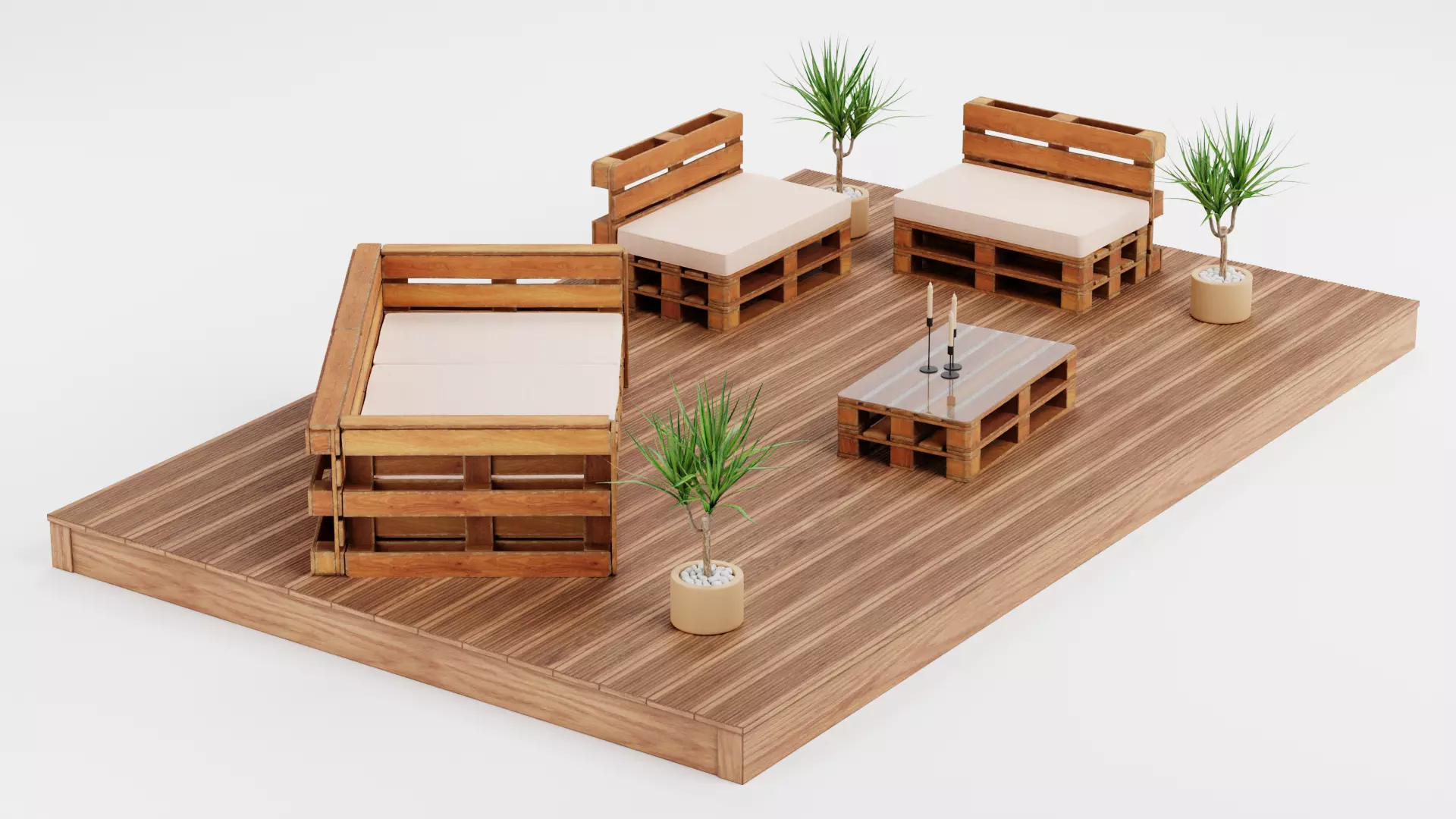 Garden Setup V4 - Furnished Wooden Terrace with Pallet Sofa Set 3D model