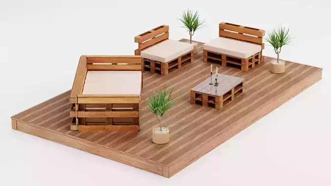 Garden Setup V4 - Furnished Wooden Terrace with Pallet Sofa Set 