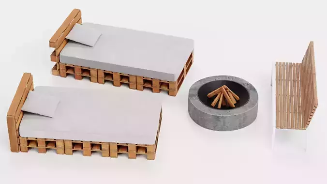 Garden Setup V6 - Pallet Loungers with Bench and Fire Pit