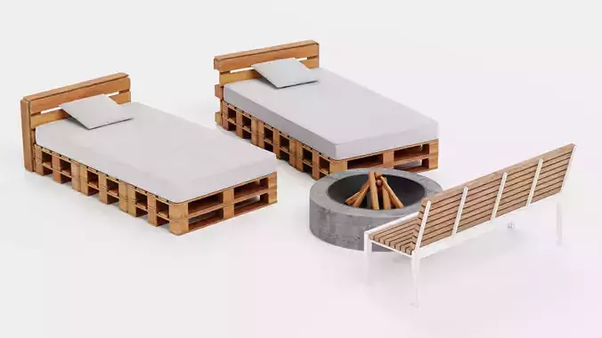 Garden Setup V6 - Pallet Loungers with Bench and Fire Pit