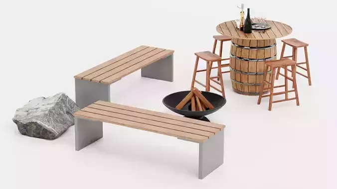 Garden Setup V8 - Outdoor Firepit with Wine Barrel Table