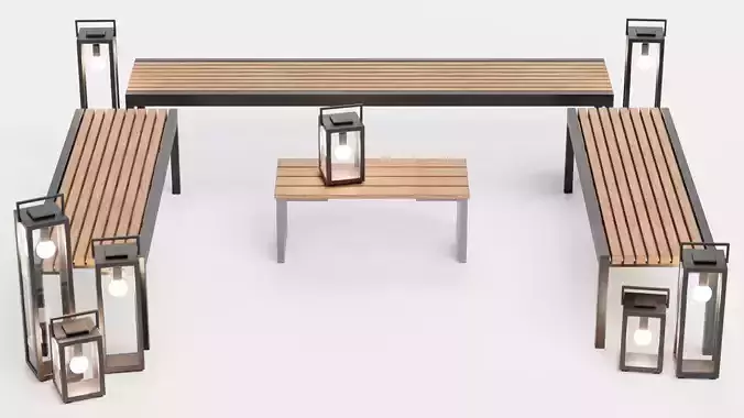 Garden Setup V9 - Outdoor Bench Seating with Lanterns