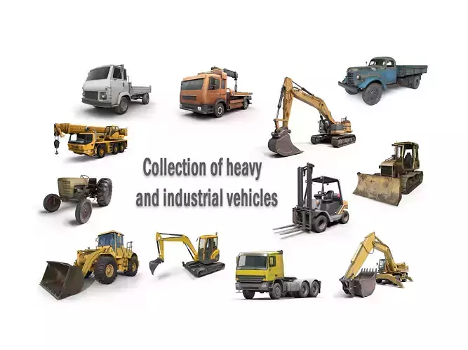 Collection of heavy and industrial vehicles Low-poly 3D model