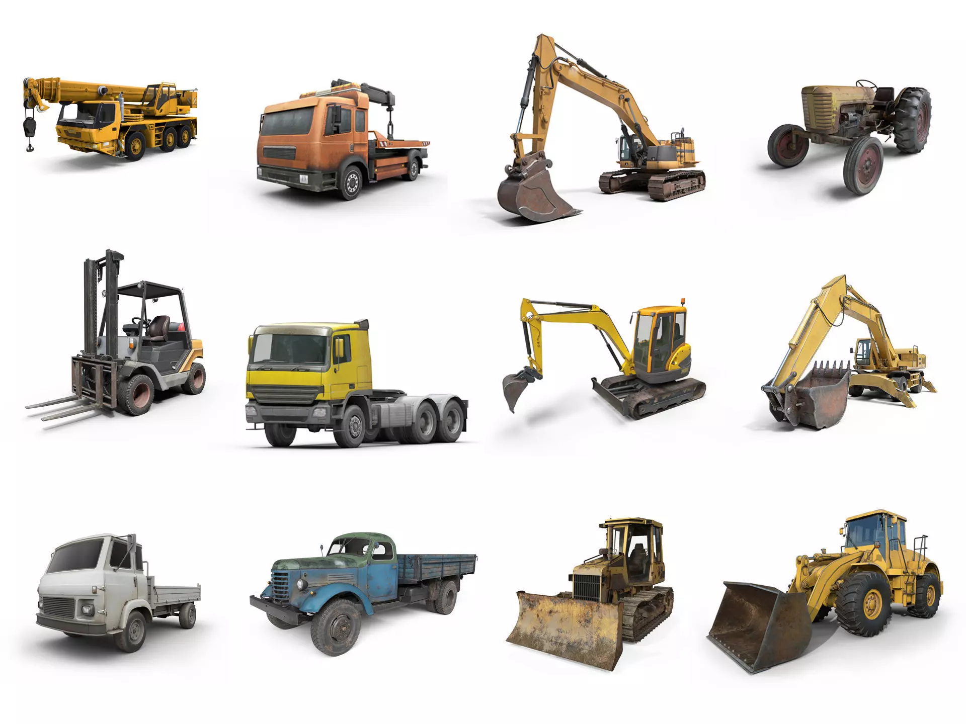 Collection of heavy and industrial vehicles Low-poly 3D model_1