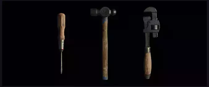 Vintage Tools Set  PBR 3D Model Baked from High Poly