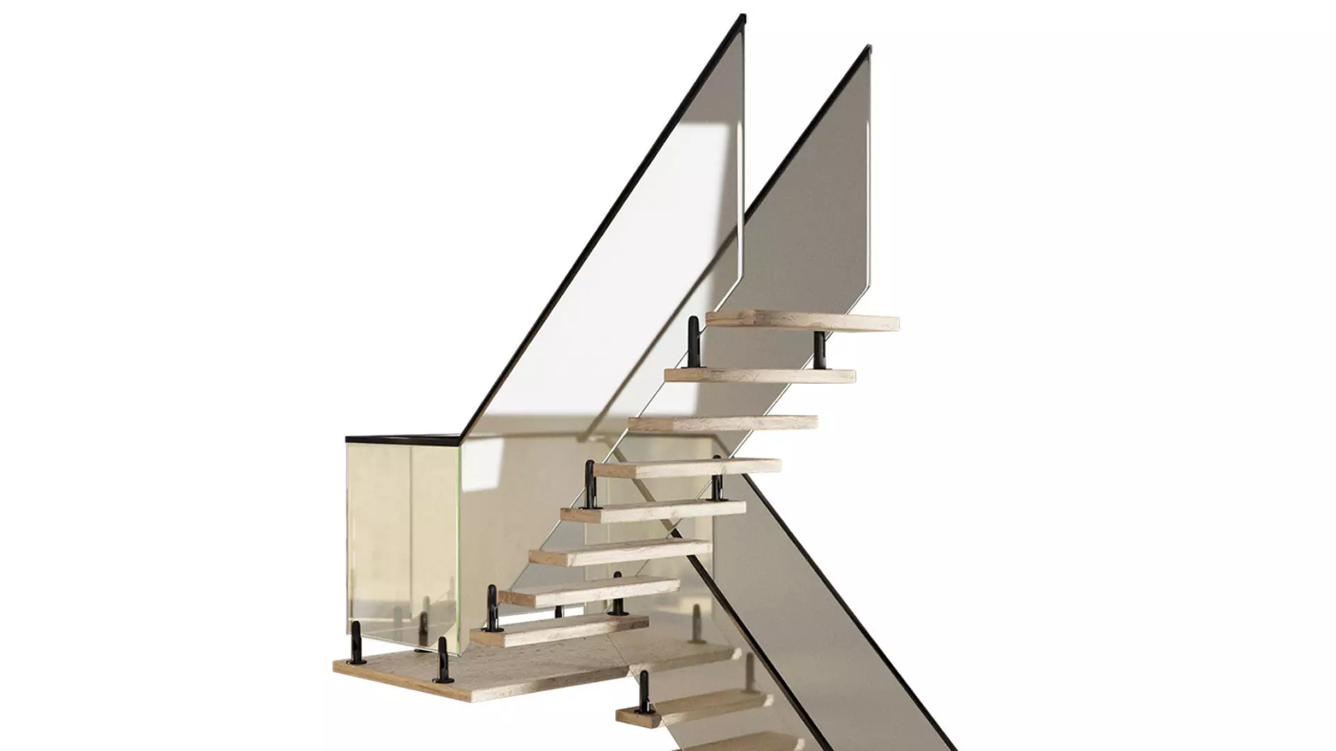 Wooden staircase with glass railing 3D model_3