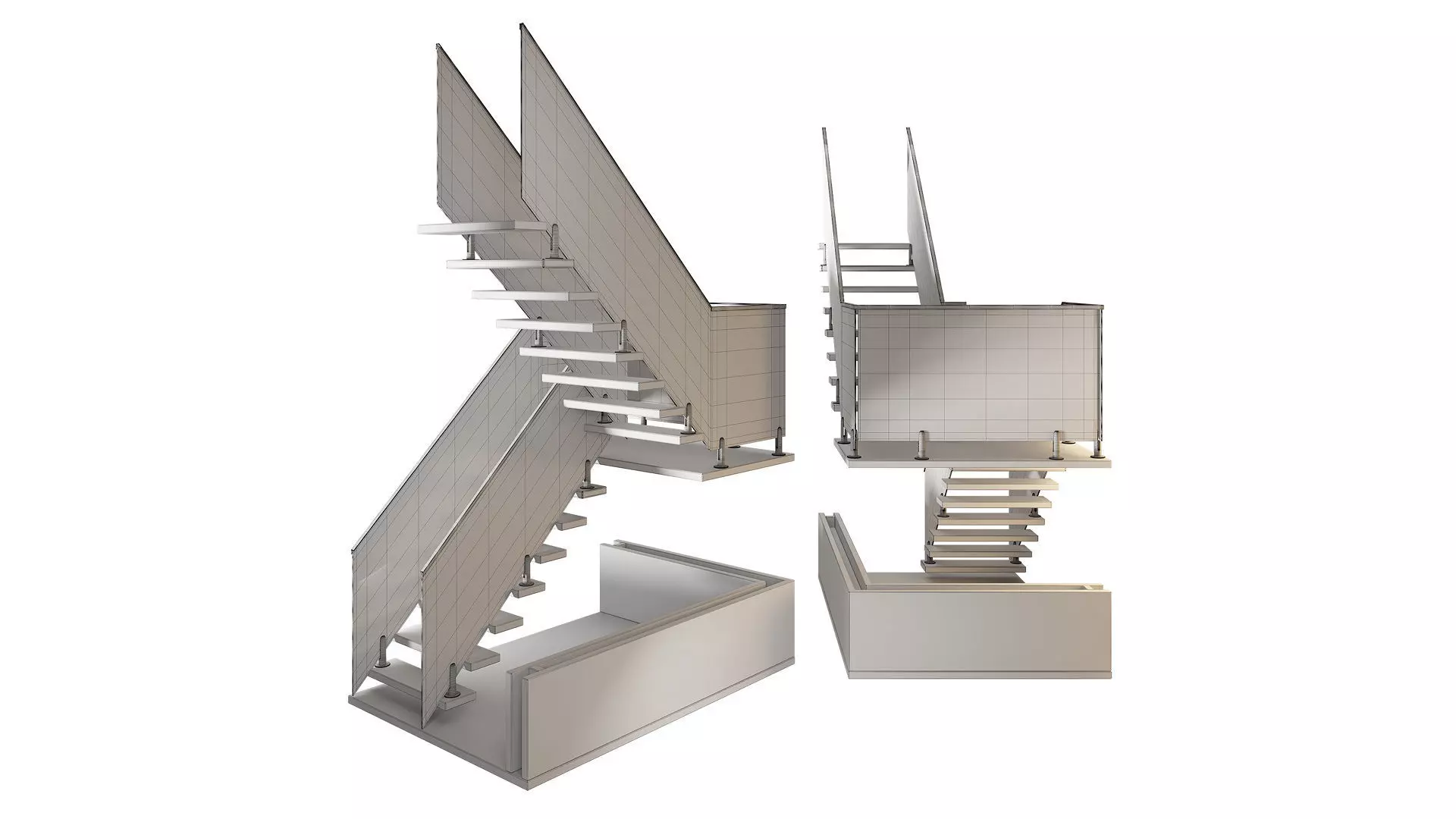 Wooden staircase with glass railing 3D model_5