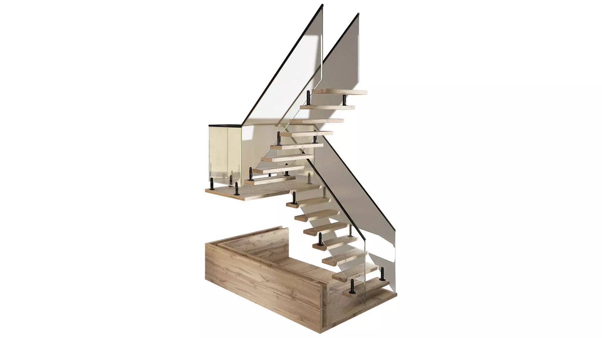 Wooden staircase with glass railing 3D model_2