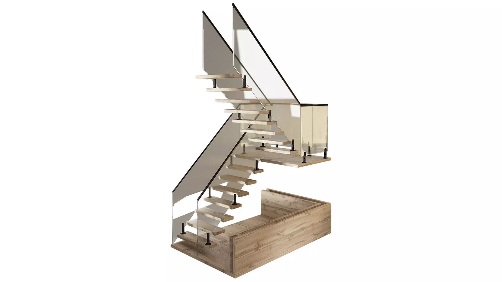 Wooden staircase with glass railing 3D model_4
