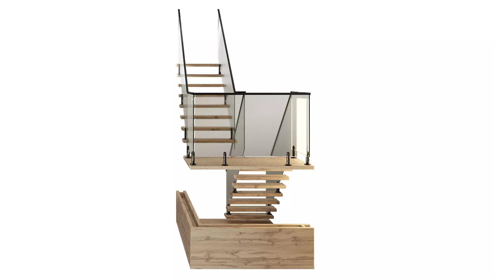 Wooden staircase with glass railing 3D model_1