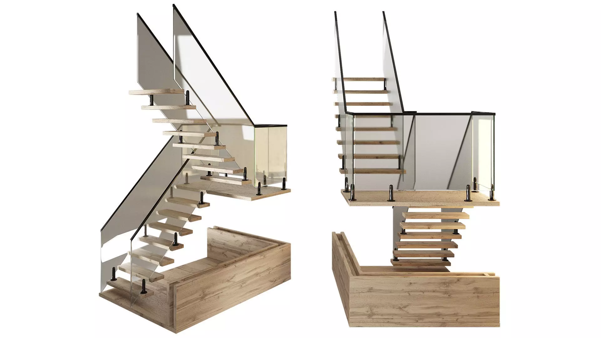 Wooden staircase with glass railing 3D model_0