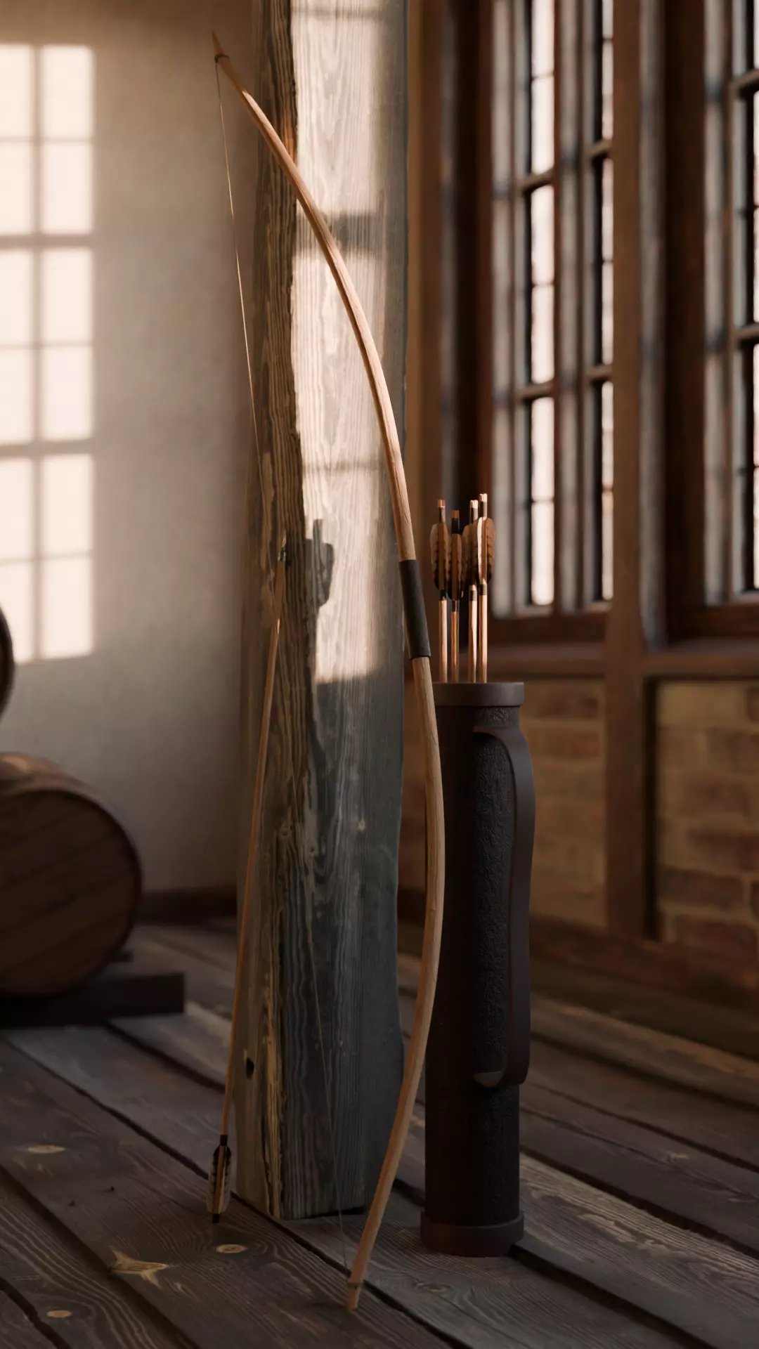 Long Bow with Arrows and Quiver Low-poly 3D model