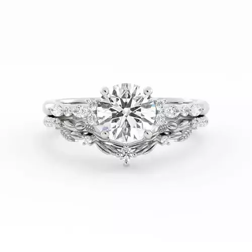 Round Diamond and Leaf Contour Band Engagement Wedding Set 3DM