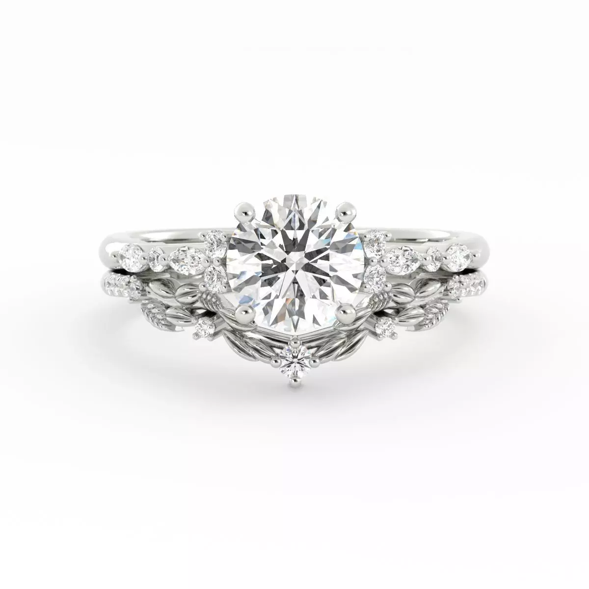 Round Diamond and Leaf Contour Band Engagement Wedding Set 3DM 3D print model