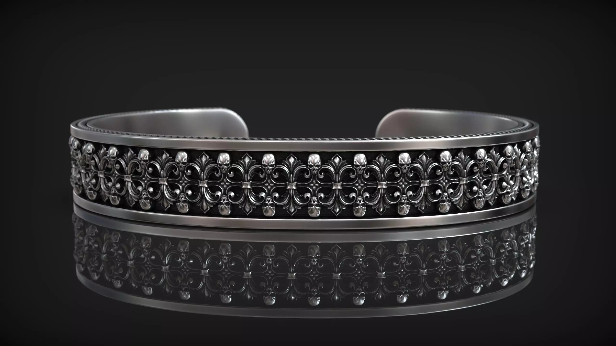 Royal Skull Baroque Bracelet Gothic Cuff Bangle 3D print model_3