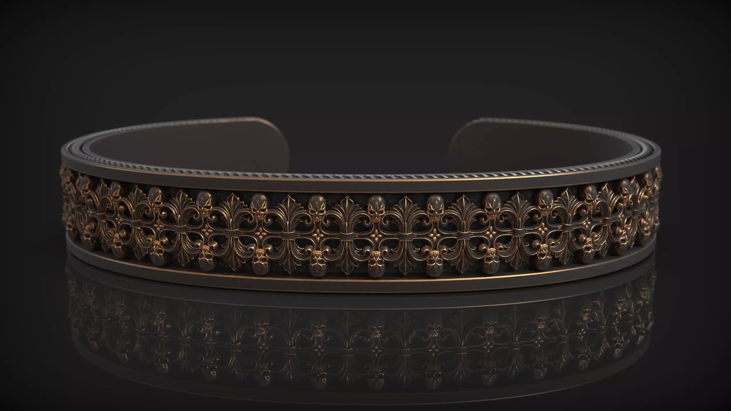 Royal Skull Baroque Bracelet Gothic Cuff Bangle 3D print model_7