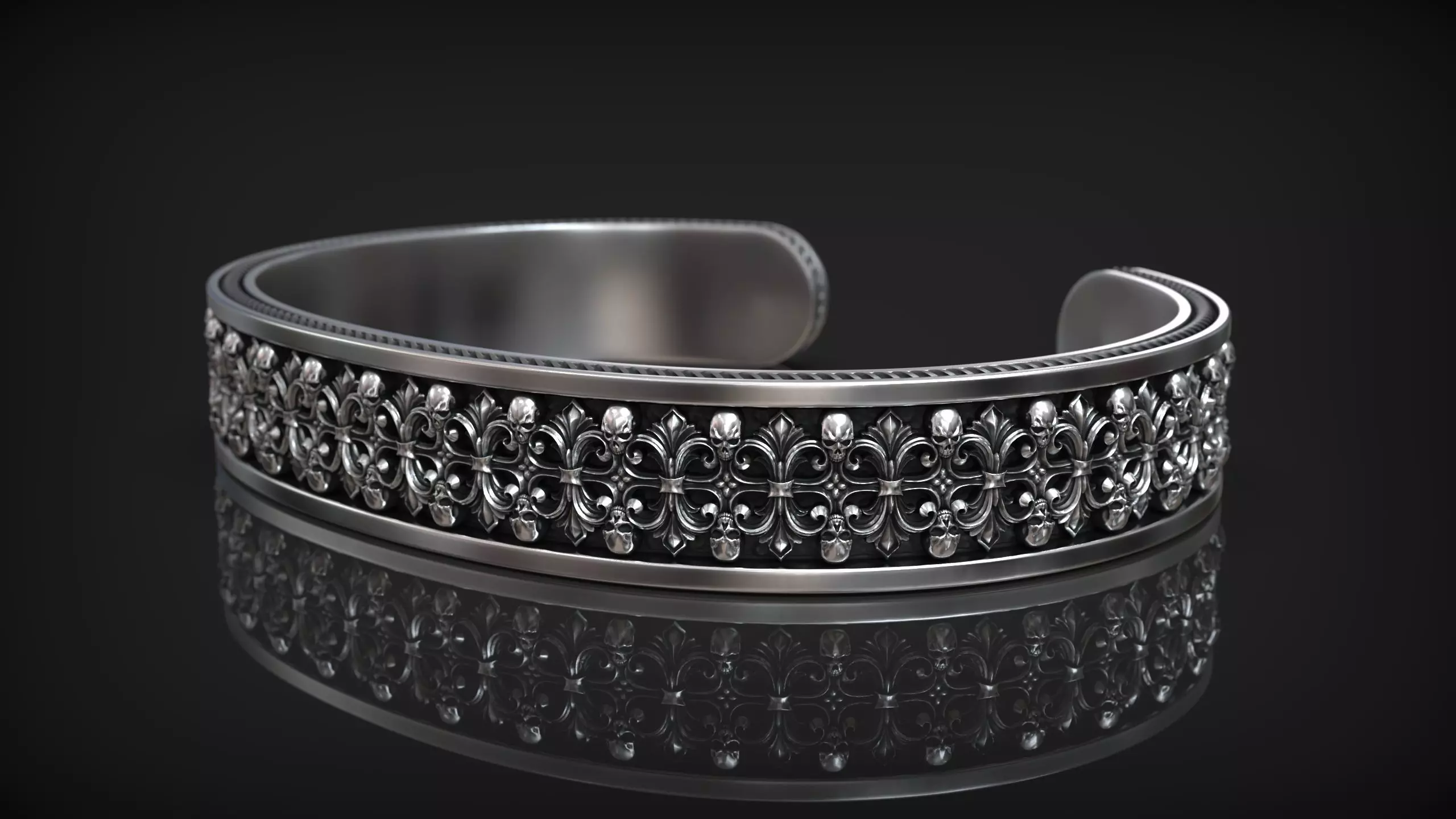 Royal Skull Baroque Bracelet Gothic Cuff Bangle 3D print model_15