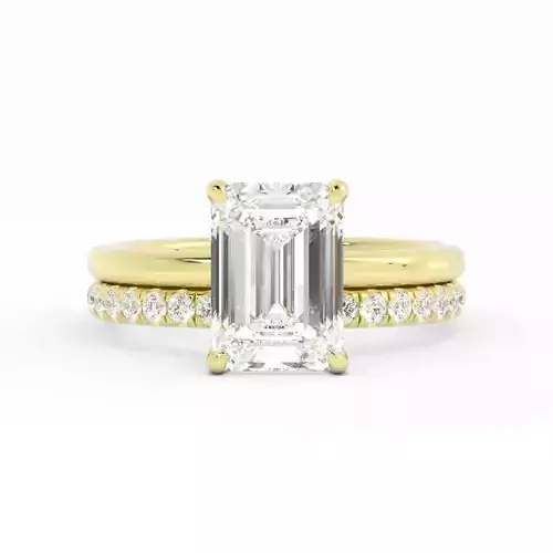Emerald Cut Diamond and Pave Band Wedding SET 3DM