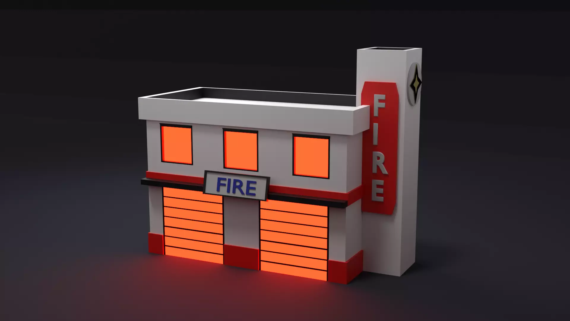 Low Poly Fire Station with Glowing Detail Low-poly 3D model_0