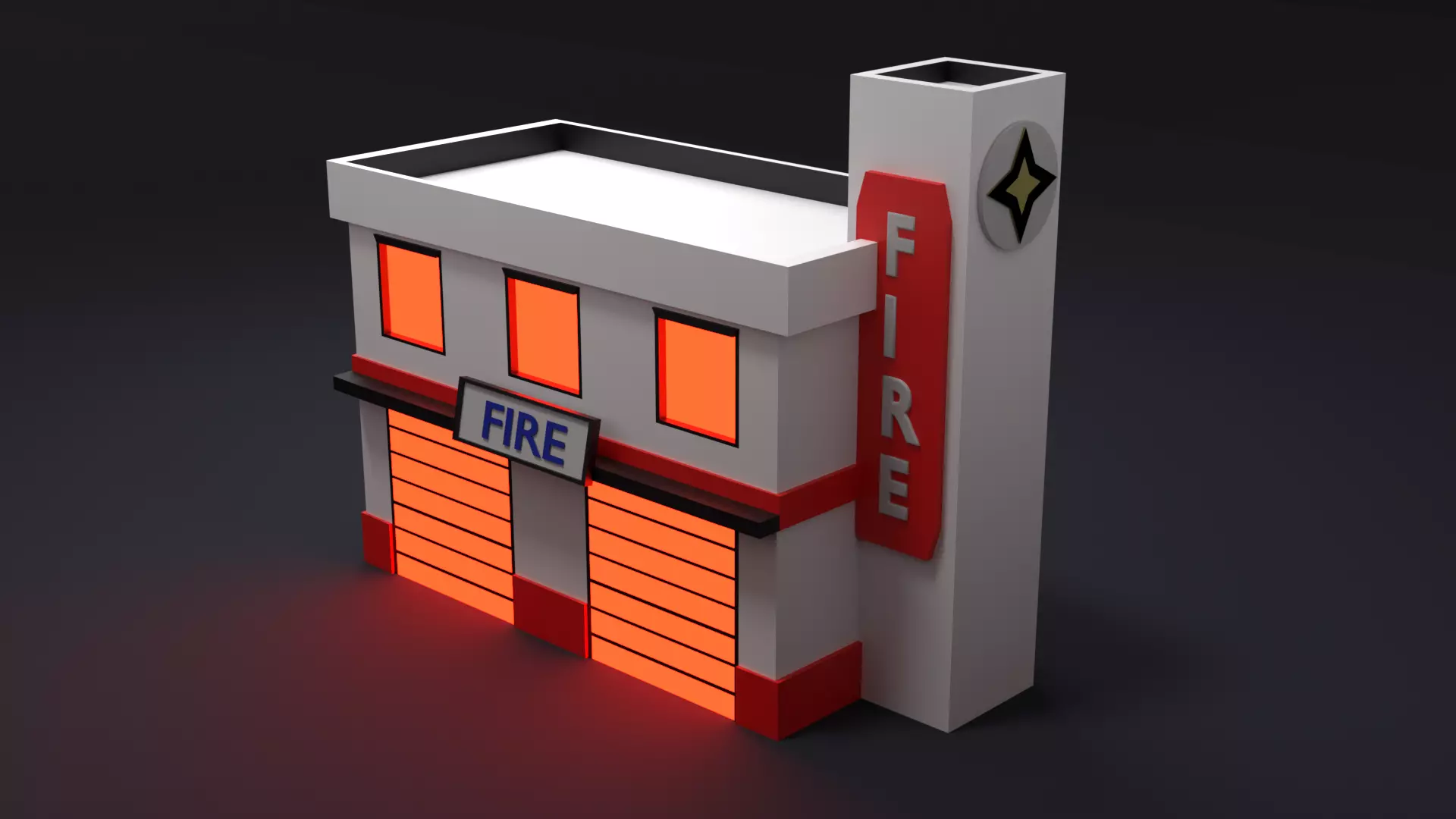 Low Poly Fire Station with Glowing Detail Low-poly 3D model_1