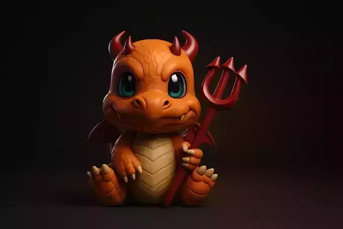 Baby Dragon Devil with Trident Chibi Fantasy Figurine