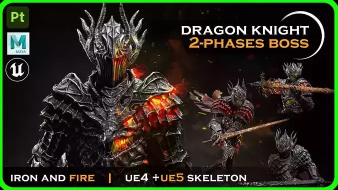 Dark fantasy Dragon Knight - Dragon knight boss - Enemy knight Low-poly 3D model