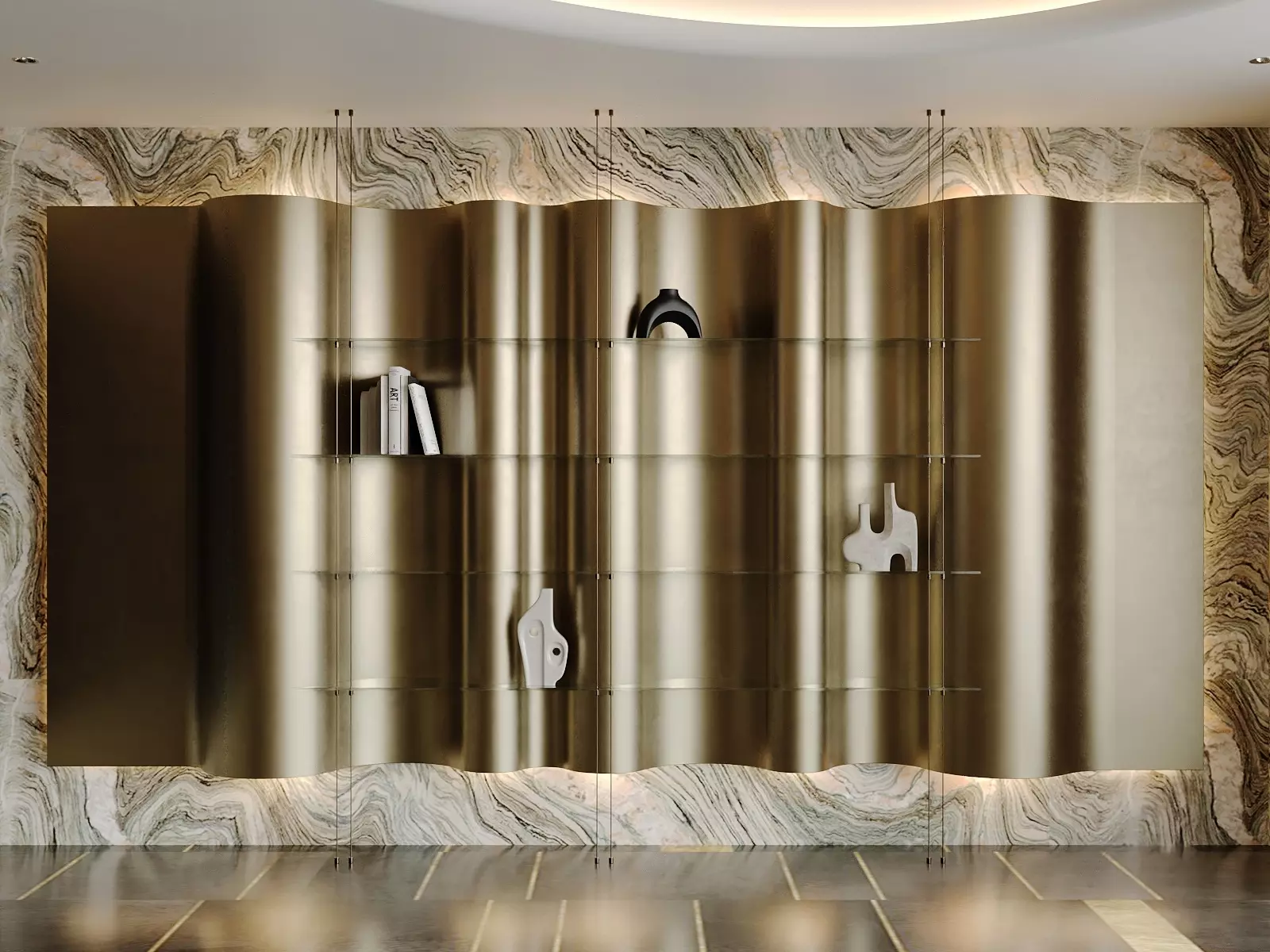 Luxury Wall-Mounted Display Shelf with Artistic Decor Low-poly 3D model_0