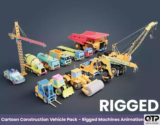 Cartoon Construction Vehicle Pack - Rigged Machines Animation
